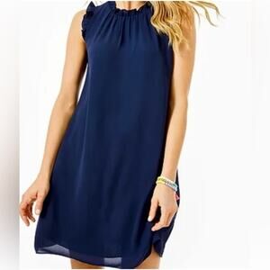 Lilly Pulitzer Talisa Navy Blue Ruffle Neck Sleeveless Shift Dress Size S